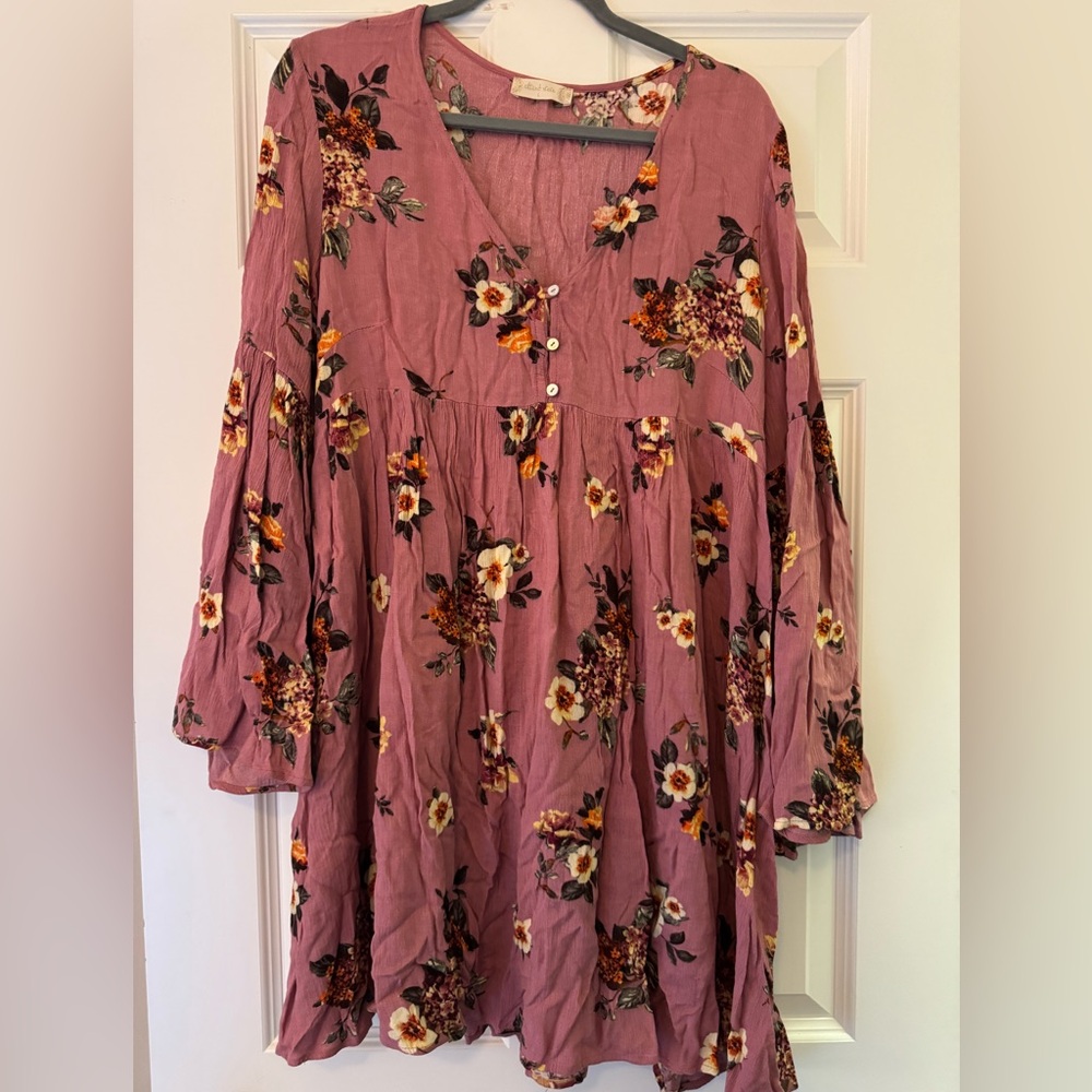 Purple floral dress with bell sleeves